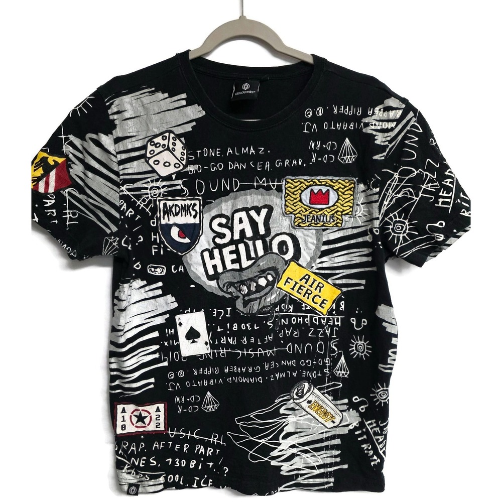 Akademiks Shirt Mens Medium Black Say Hello Doodle Graphic Tee Urban Streetwear